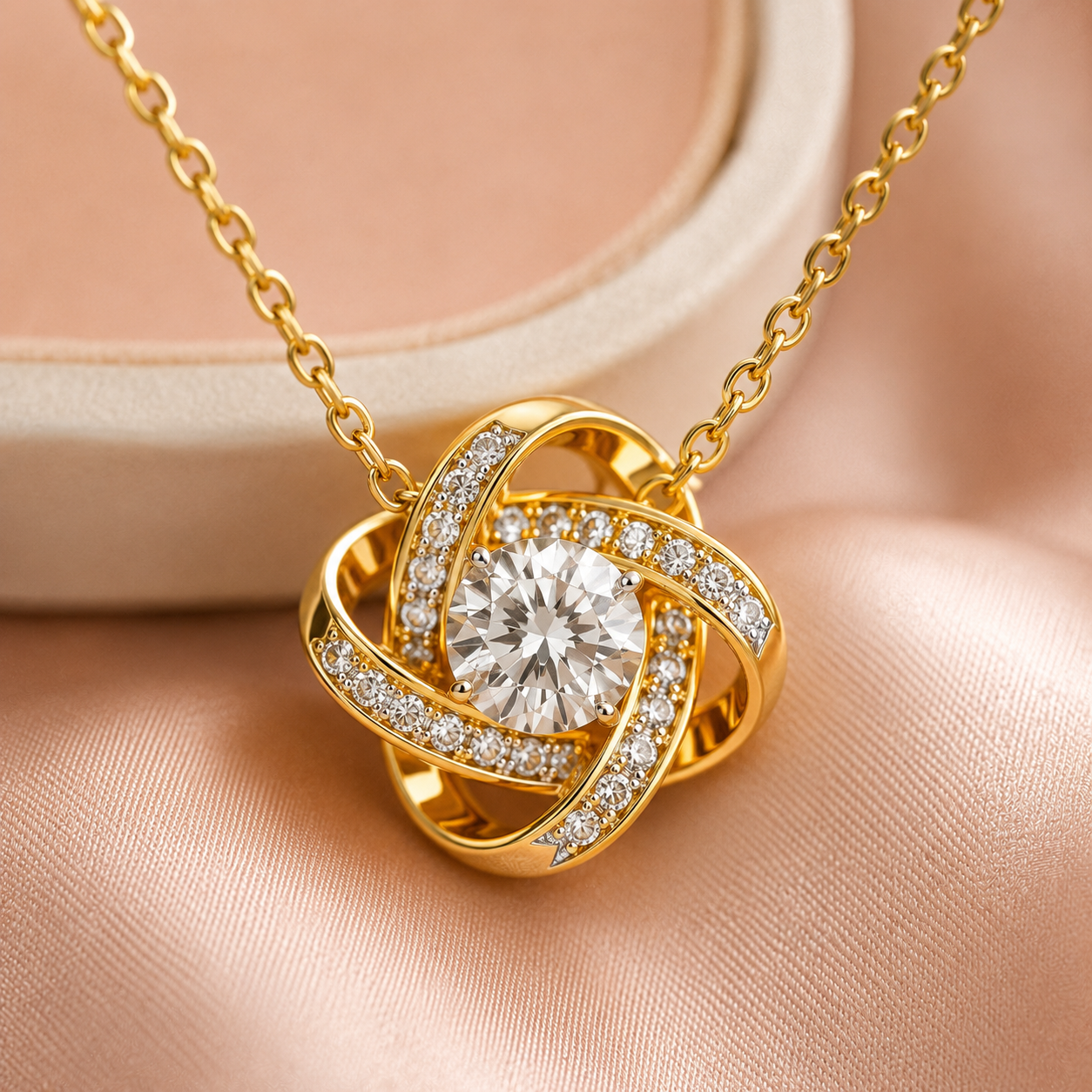 Close up of Love Knot Necklace for message card jewelry guide