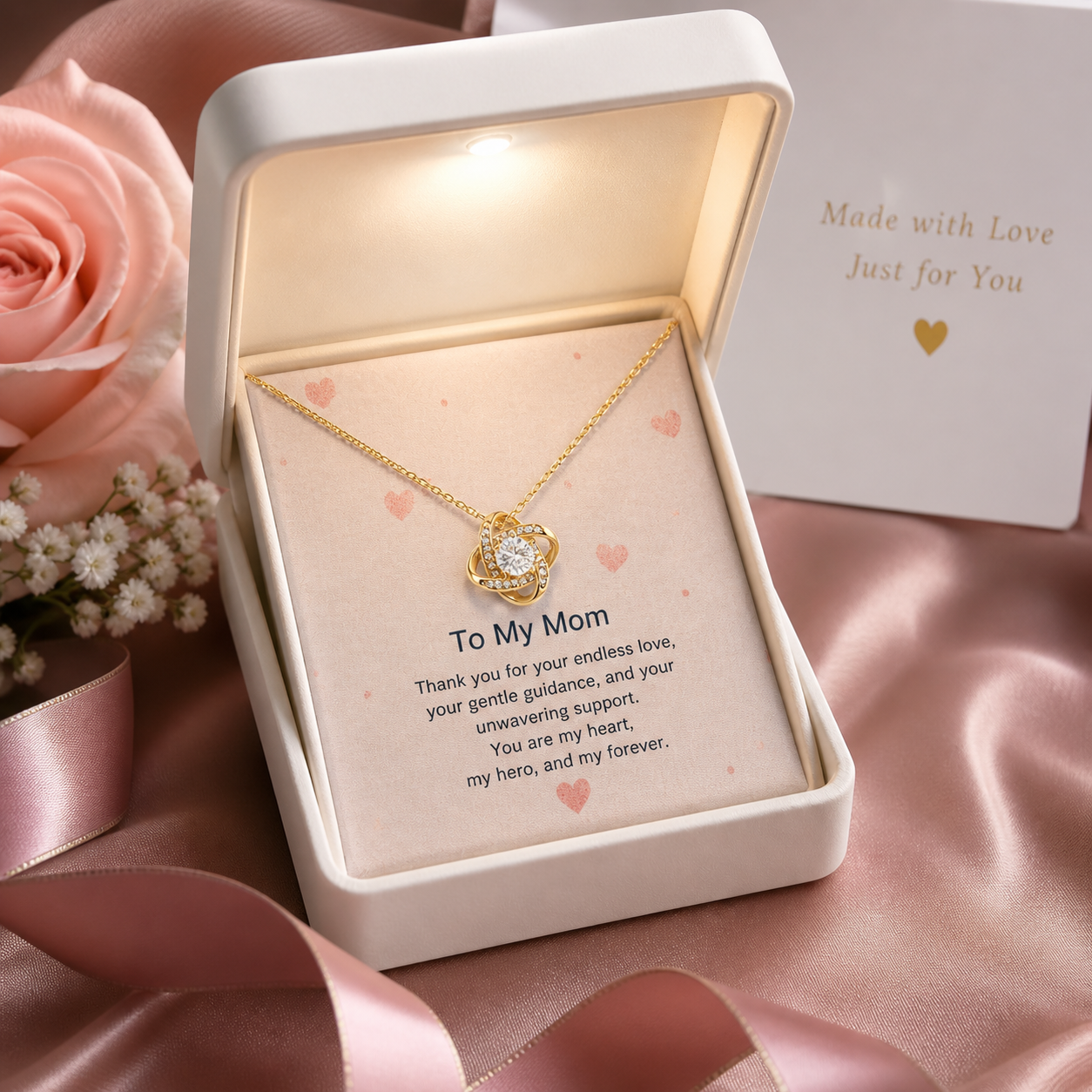 To My Mom Love Knot Necklace keepsake gift with heartfelt message card