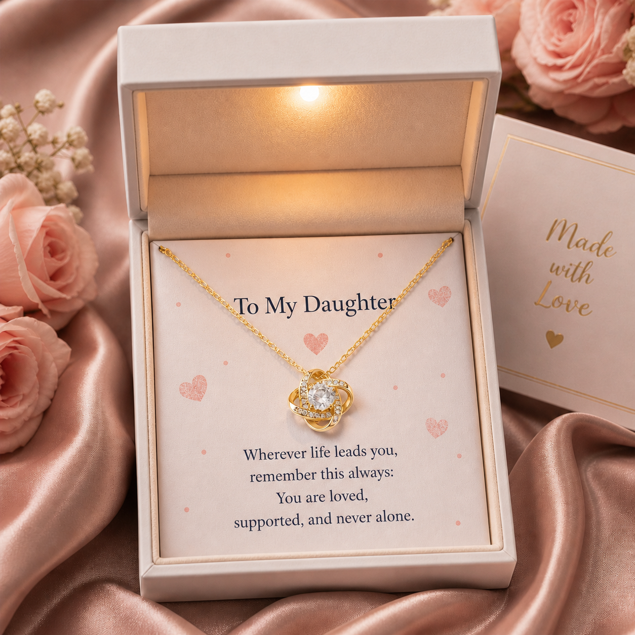 To My Daughter Love Knot Necklace keepsake gift with supportive message card