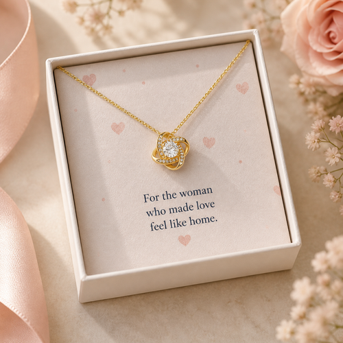 Mother necklace gift lifestyle image with message card and gift-ready box