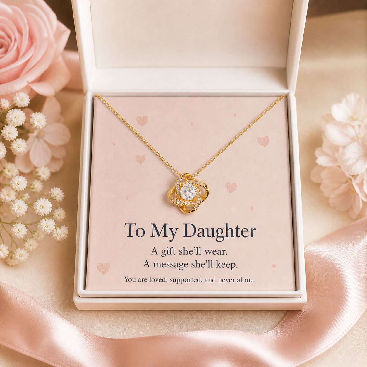 To My Daughter necklace gift lifestyle image with message card and keepsake box