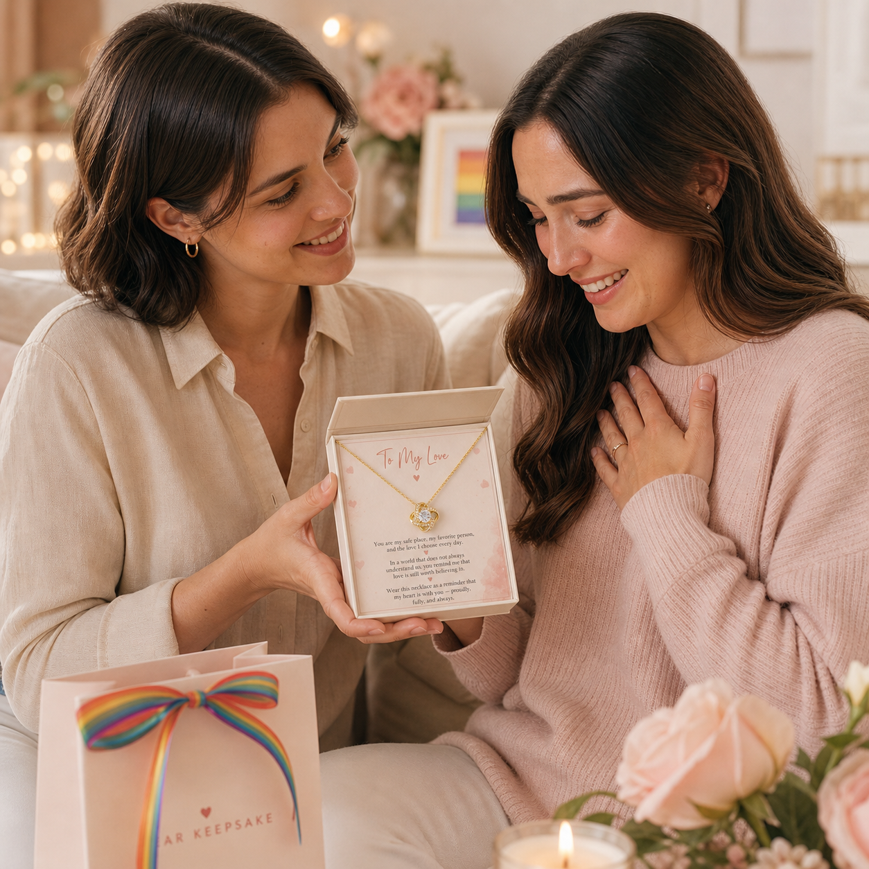 LGBTQ+ romantic necklace gift with heartfelt message card