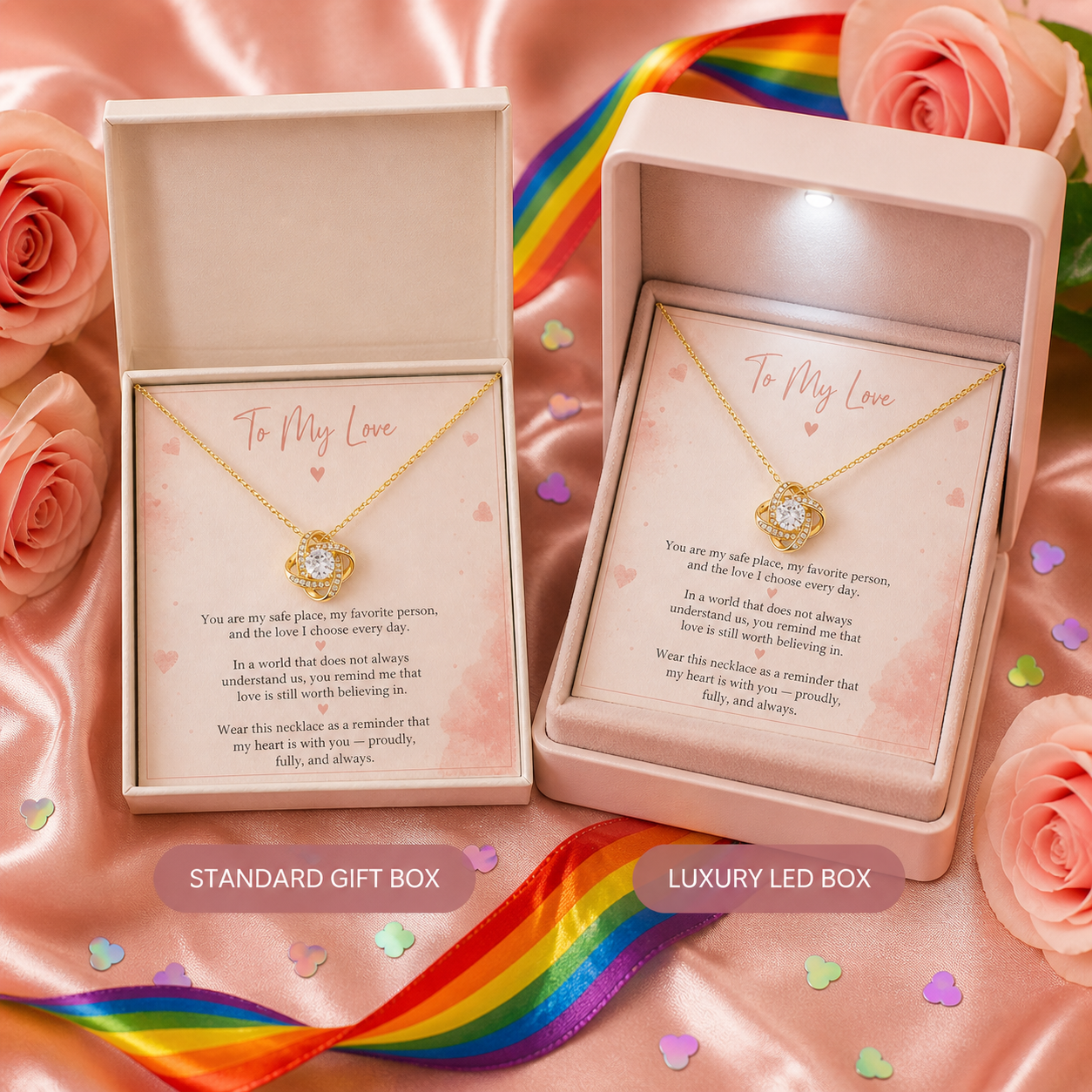 Inclusive Pride Love Knot Necklace gift with message card for LGBTQ partner