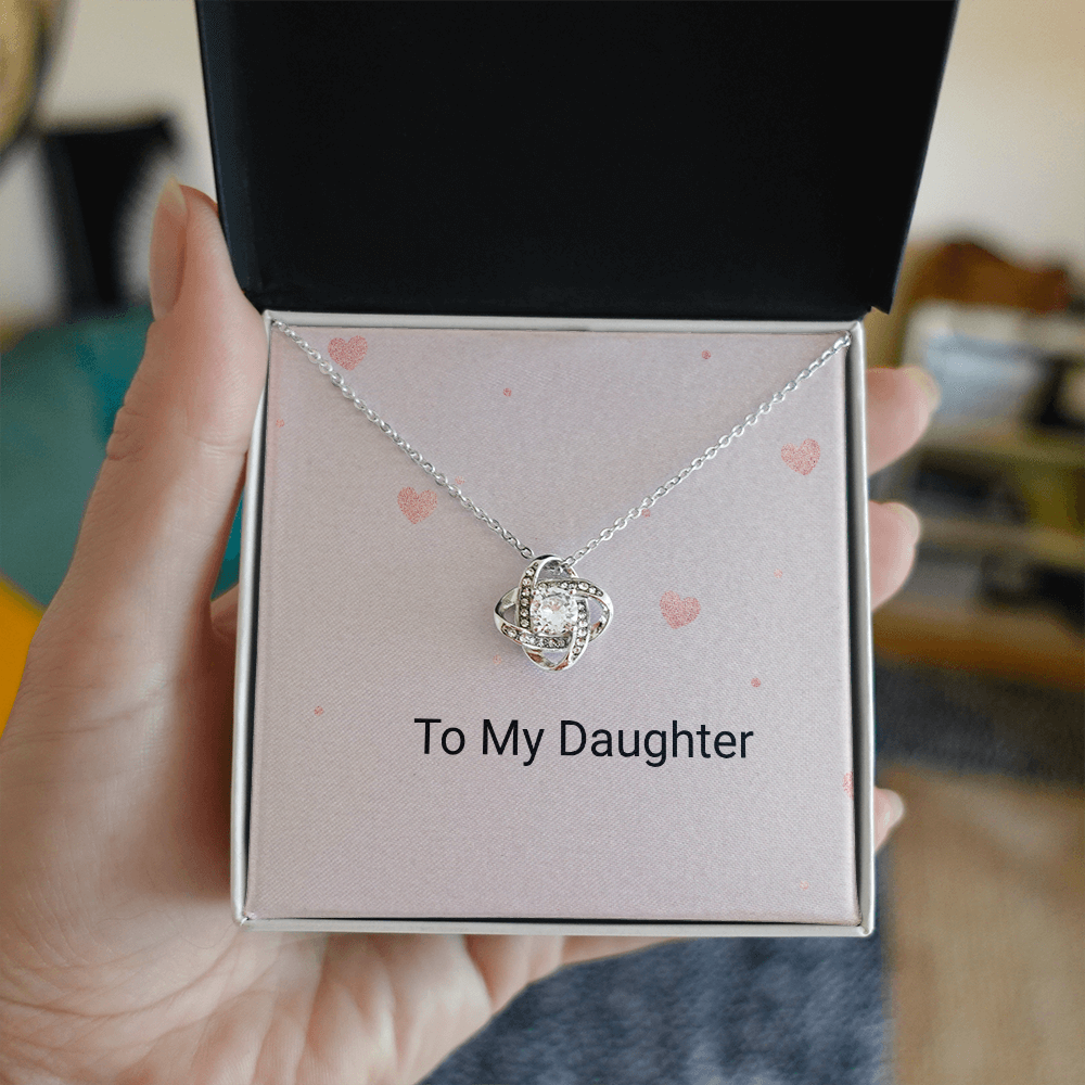 To My Daughter Love Knot Necklace 14K white gold finish with message card