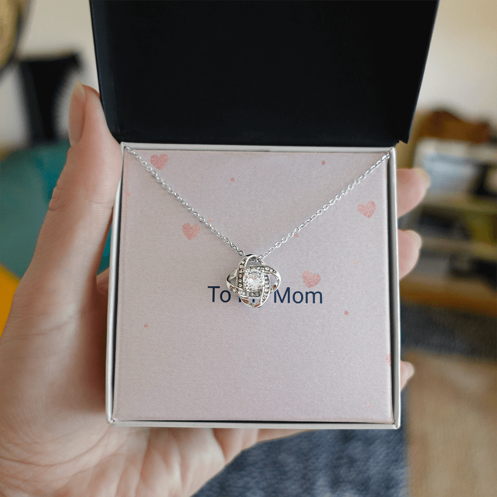 To My Mom Love Knot Necklace 14K white gold finish with message card