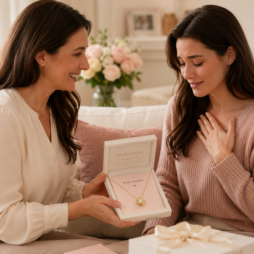 To My Daughter Love Knot Necklace gold finish premium gift reveal with mother and daughter