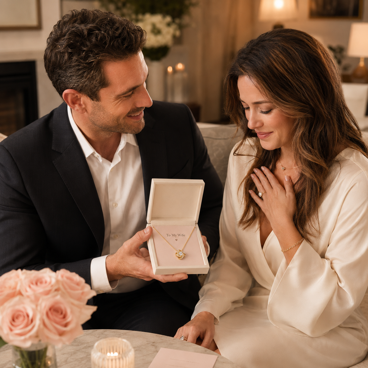 To My Wife Love Knot Necklace gold finish premium unboxing moment